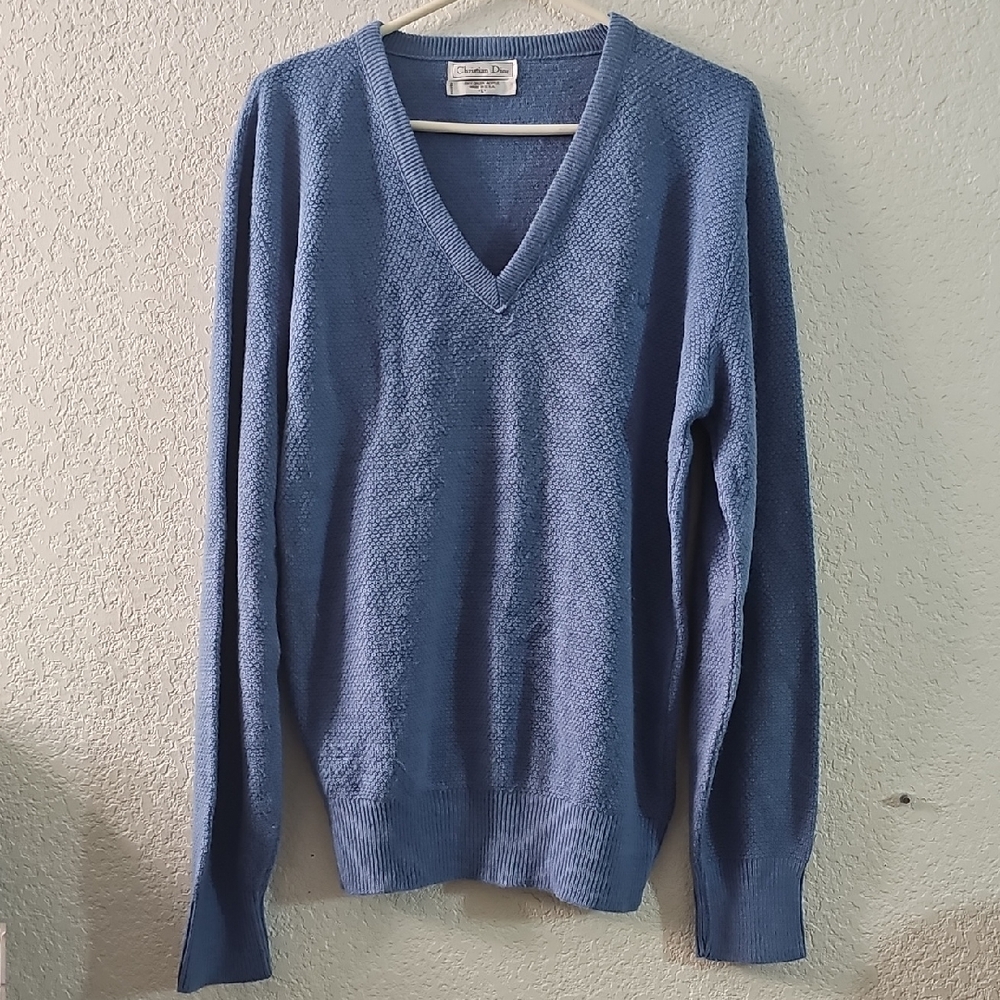 Vhritian Dior Women's Sky Blue V-Neck Sweater Long Sleeve 100% Orlon Acrylic SzL